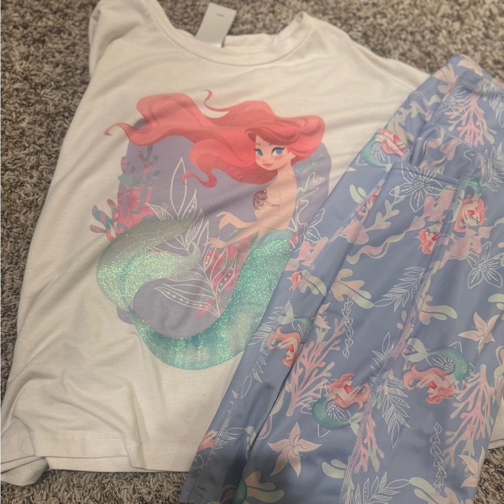 Women’s Disney Little Mermaid Tshirt and bike shorts matching set.